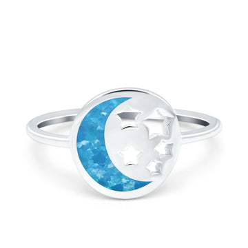 Moon and Stars Ring Band Lab Created Blue Opal 925 Sterling Silver (12mm)